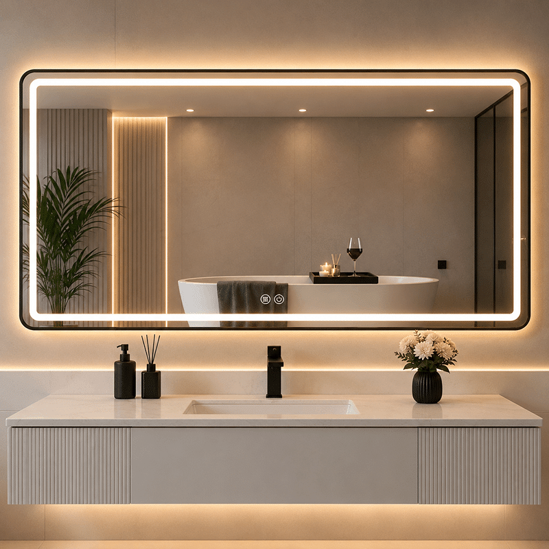 Oglinda LED 150×80 cm, cu Rama Neagra , Dezaburire, 3 Tipuri de Lumina, Touch, Model Sharky Design Black