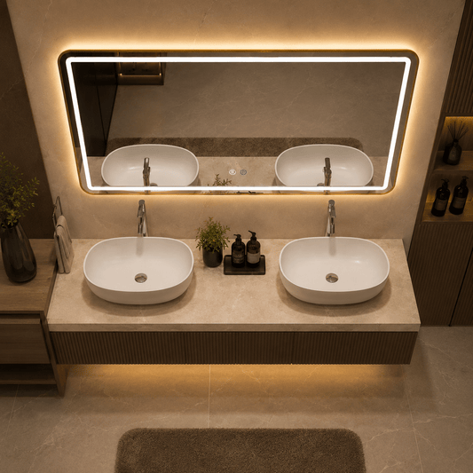 Oglinda LED 120×80 cm, Dezaburire, 3 Tipuri de Lumina, Touch, IP65, cu Rama Auriu Periat