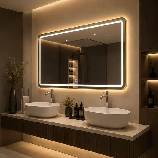 Oglinda LED 110×70 cm, Dezaburire, 3 Tipuri de Lumina, Touch, IP65, cu Rama Auriu Periat