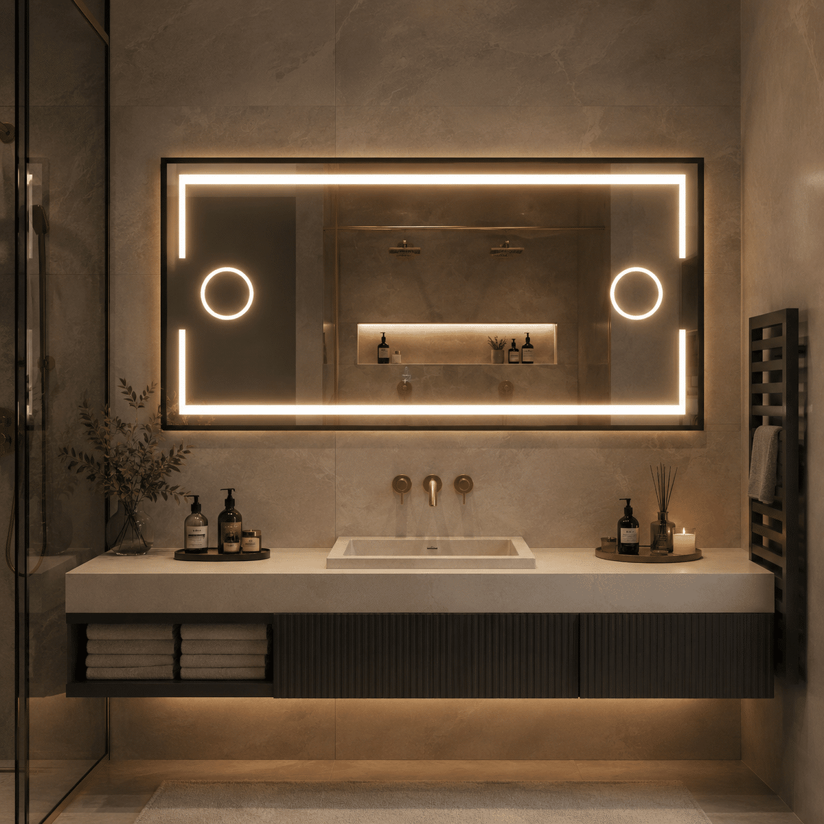 Oglinda LED 120×80 cm, 2 Lupe Cosmetice Iluminate LED, Iluminare Spate, Dezaburire, Touch, 3 Tipuri de Lumină, IP65, cu Rama Neagra