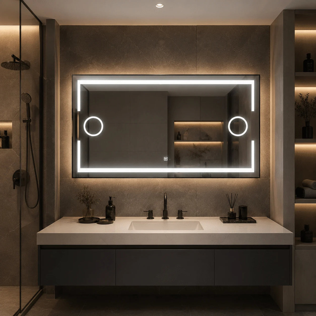 Oglinda LED 120×80 cm, 2 Lupe Cosmetice Iluminate LED, Iluminare Spate, Dezaburire, Touch, 3 Tipuri de Lumină, IP65, cu Rama Neagra