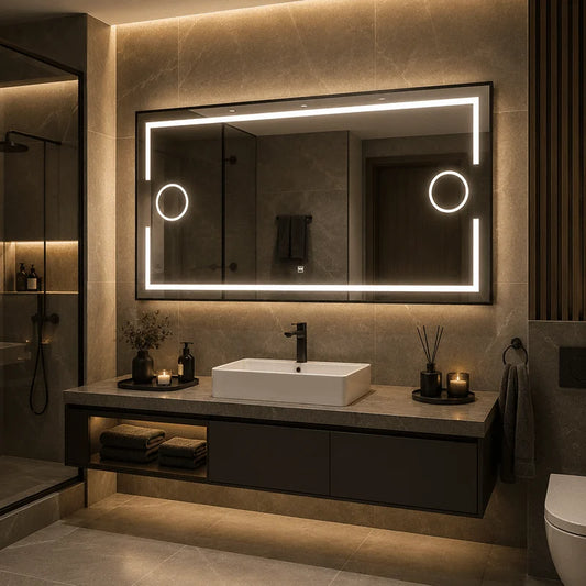 Oglinda LED 160×80 cm, 2 Lupe Cosmetice Iluminate LED, Iluminare Spate, Dezaburire, Touch, 3 Tipuri de Lumina, IP65, cu Rama Neagra