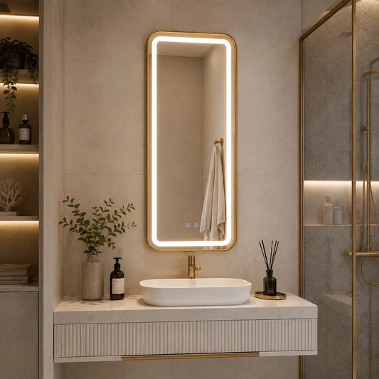 Oglinda LED 50×100 cm, Iluminare Fata Spate, Dezaburire, Touch, 3 Tipuri de Lumina, IP65, cu Rama Auriu Periat