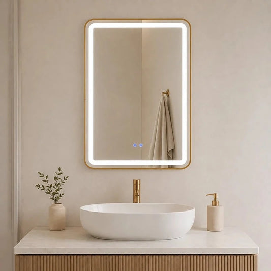 Oglinda LED 50×80 cm, Iluminare Fata Spate, Dezaburire, Touch, 3 Tipuri de Lumina, IP65, cu Rama Auriu Periat
