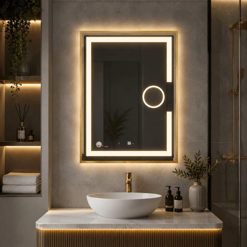 Oglindă LED 60×80 cm cu Ramă Auriu Periat, Lupă Cosmetică, Model Shark Design, Dezaburire, 3 Tipuri de Lumină, Touch, IP65