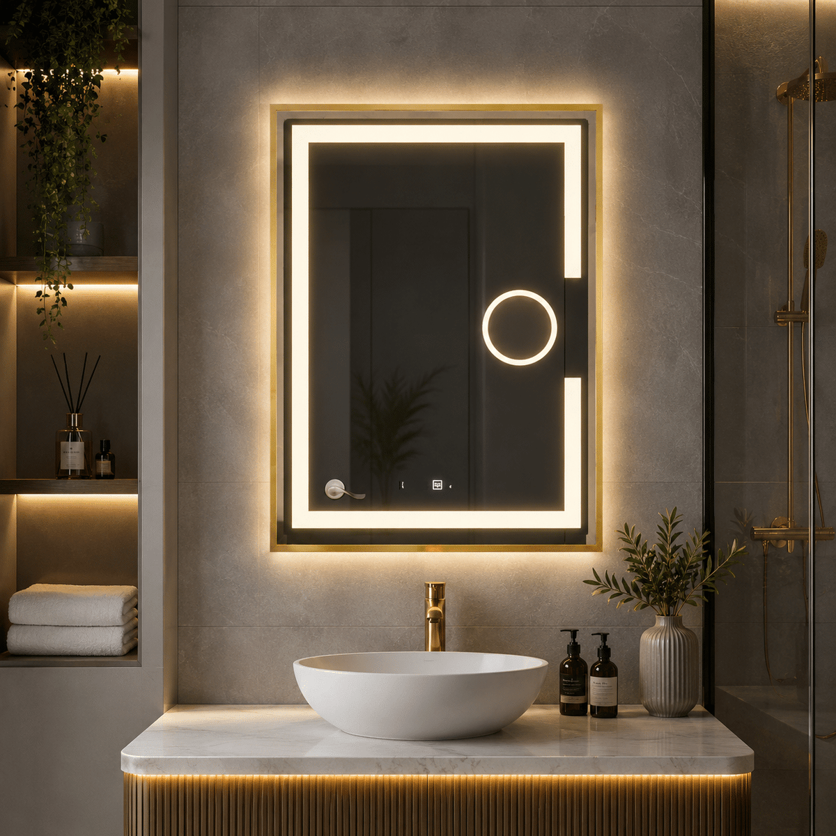 Oglindă LED 60×80 cm cu Ramă Auriu Periat, Lupă Cosmetică, Model Shark Design, Dezaburire, 3 Tipuri de Lumină, Touch, IP65