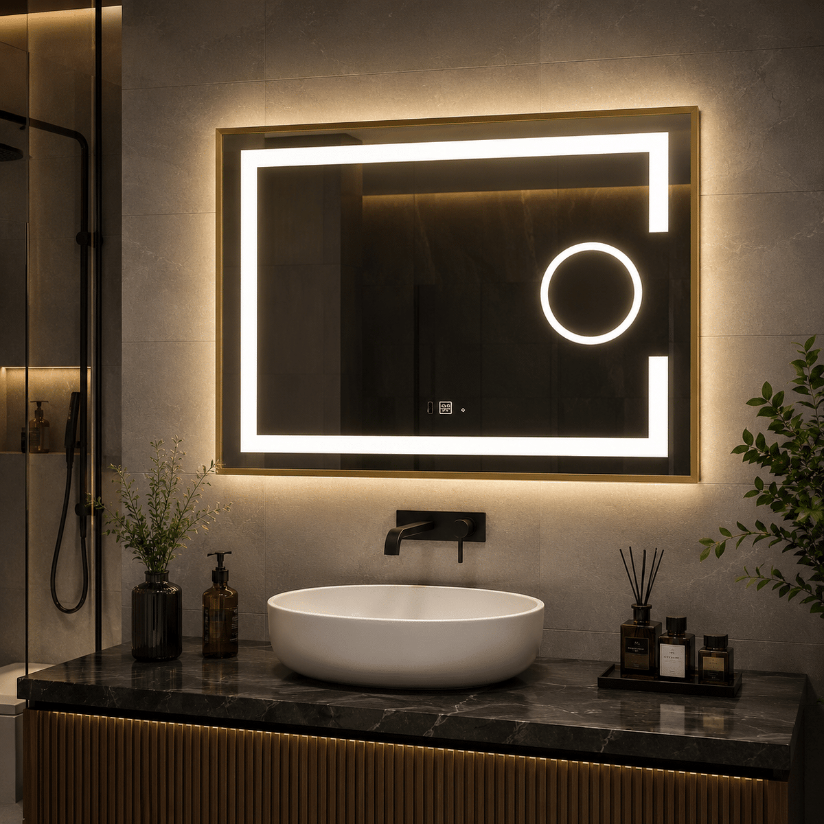 Oglindă LED 80×60 cm cu Ramă Auriu Periat, Lupă Cosmetică, Model Shark Design, Dezaburire, 3 Tipuri de Lumină, Touch, IP65