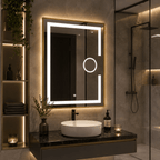 Oglindă LED 60×80 cm cu Ramă Auriu Periat, Lupă Cosmetică, Model Shark Design, Dezaburire, 3 Tipuri de Lumină, Touch, IP65