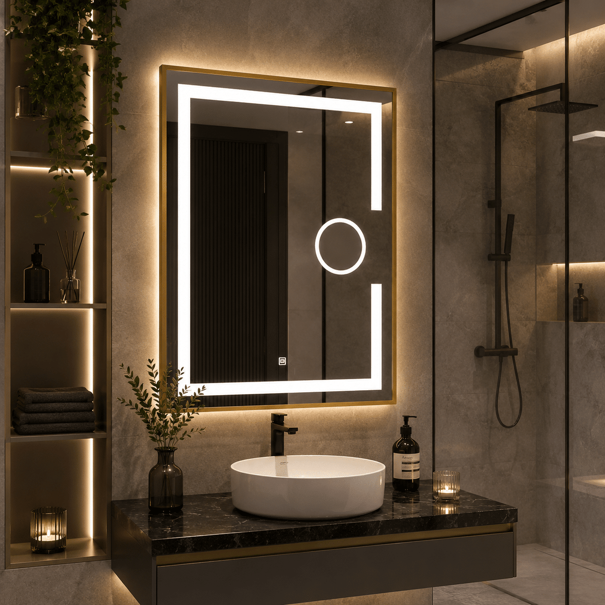 Oglindă LED 60×80 cm cu Ramă Auriu Periat, Lupă Cosmetică, Model Shark Design, Dezaburire, 3 Tipuri de Lumină, Touch, IP65
