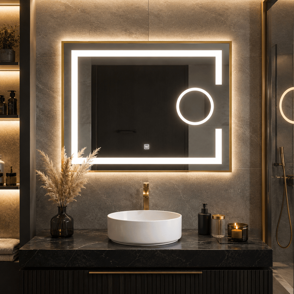 Oglindă LED 80×60 cm cu Ramă Auriu Periat, Lupă Cosmetică, Model Shark Design, Dezaburire, 3 Tipuri de Lumină, Touch, IP65