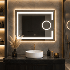 Oglindă LED 80×60 cm cu Ramă Auriu Periat, Lupă Cosmetică, Model Shark Design, Dezaburire, 3 Tipuri de Lumină, Touch, IP65