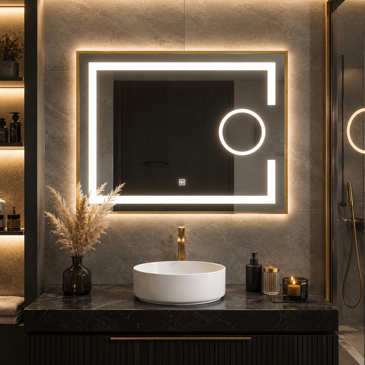 Oglindă LED 80×60 cm cu Ramă Auriu Periat, Lupă Cosmetică, Model Shark Design, Dezaburire, 3 Tipuri de Lumină, Touch, IP65