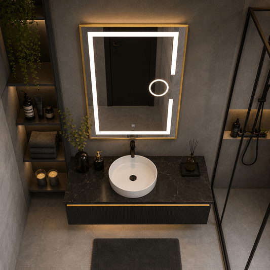 Oglindă LED 60×80 cm cu Ramă Auriu Periat, Lupă Cosmetică, Model Shark Design, Dezaburire, 3 Tipuri de Lumină, Touch, IP65