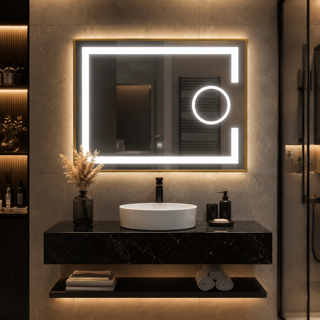 Oglindă LED 80×60 cm cu Ramă Auriu Periat, Lupă Cosmetică, Model Shark Design, Dezaburire, 3 Tipuri de Lumină, Touch, IP65