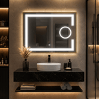 Oglindă LED 80×60 cm cu Ramă Auriu Periat, Lupă Cosmetică, Model Shark Design, Dezaburire, 3 Tipuri de Lumină, Touch, IP65