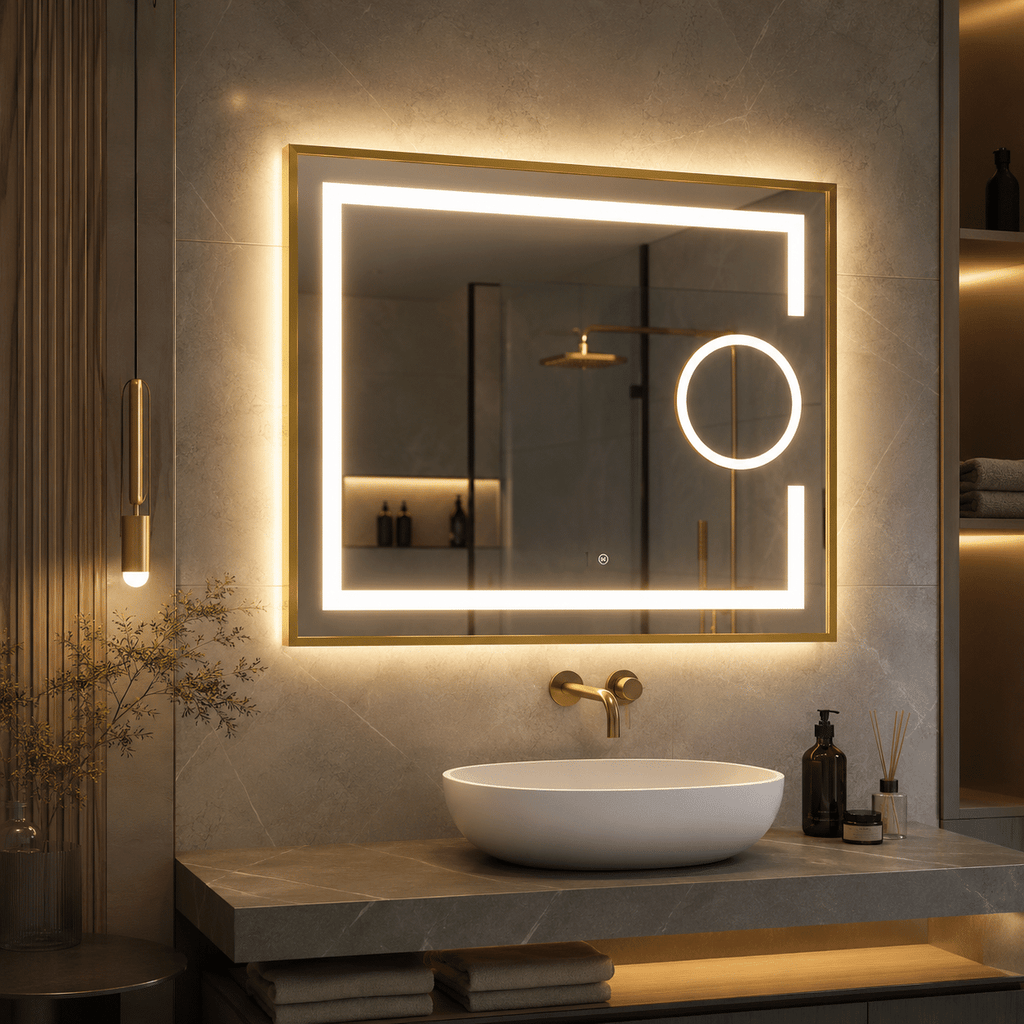 Oglindă LED 80×60 cm cu Ramă Auriu Periat, Lupă Cosmetică, Model Shark Design, Dezaburire, 3 Tipuri de Lumină, Touch, IP65