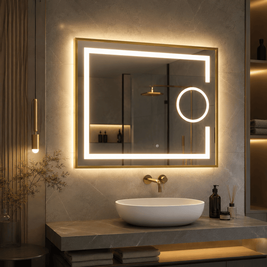 Oglindă LED 80×60 cm cu Ramă Auriu Periat, Lupă Cosmetică, Model Shark Design, Dezaburire, 3 Tipuri de Lumină, Touch, IP65