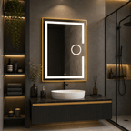 Oglindă LED 60×80 cm cu Ramă Auriu Periat, Lupă Cosmetică, Model Shark Design, Dezaburire, 3 Tipuri de Lumină, Touch, IP65