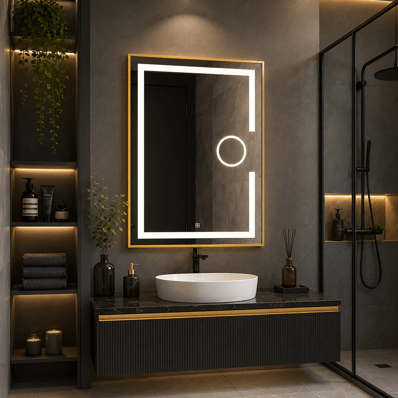 Oglinda LED 60×80 cm cu Rama Auriu Periat, Lupa Cosmetica, Model Shark Design, Dezaburire, 3 Tipuri de Lumina, Touch, IP65