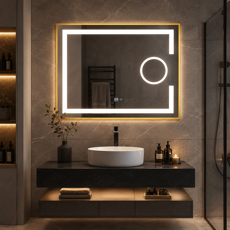 Oglinda LED 80×60 cm cu Rama Auriu Periat, Lupa Cosmetica, Model Shark Design, Dezaburire, 3 Tipuri de Lumina, Touch, IP65
