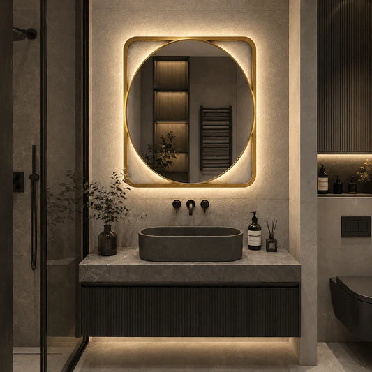 Oglinda LED 70×70 cm, Iluminare Spate, Dezaburire, Touch, 3 Tipuri de Lumina, IP65, cu Rama Aurie