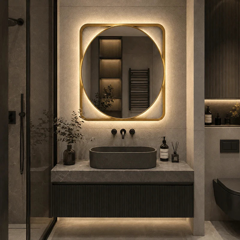 Oglinda LED 70×70 cm, Iluminare Spate, Dezaburire, Touch, 3 Tipuri de Lumina, IP65, cu Rama Aurie