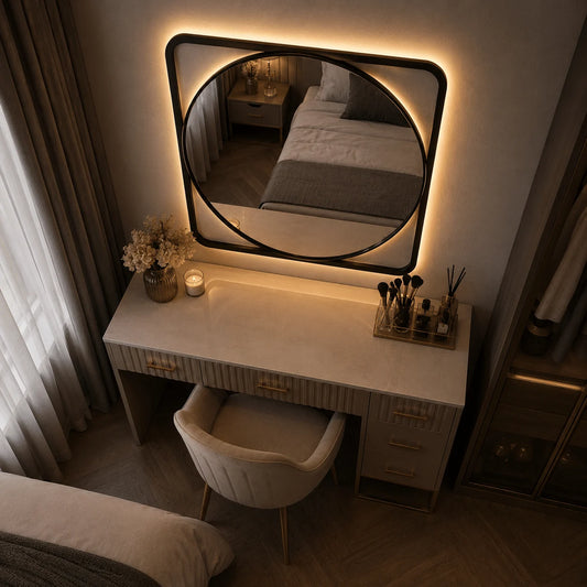 Oglinda LED 70×70 cm, Iluminare Spate, Dezaburire, Touch, 3 Tipuri de Lumina, IP65, cu Rama Neagra