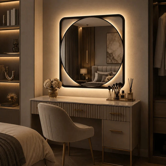 Oglinda LED 70×70 cm, Iluminare Spate, Dezaburire, Touch, 3 Tipuri de Lumina, IP65, cu Rama Neagra