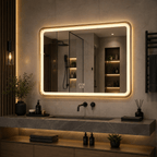 Oglinda LED 80×60 cm Dreptunghiulara, Senzor Miscare Premium, 3 Tipuri de Lumina, Dimabila, Ceas & Temperatura, Dezaburire, cu Rama Aurie