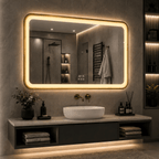 Oglinda LED 80×60 cm Dreptunghiulara, Senzor Miscare Premium, 3 Tipuri de Lumina, Dimabila, Ceas & Temperatura, Dezaburire, cu Rama Aurie