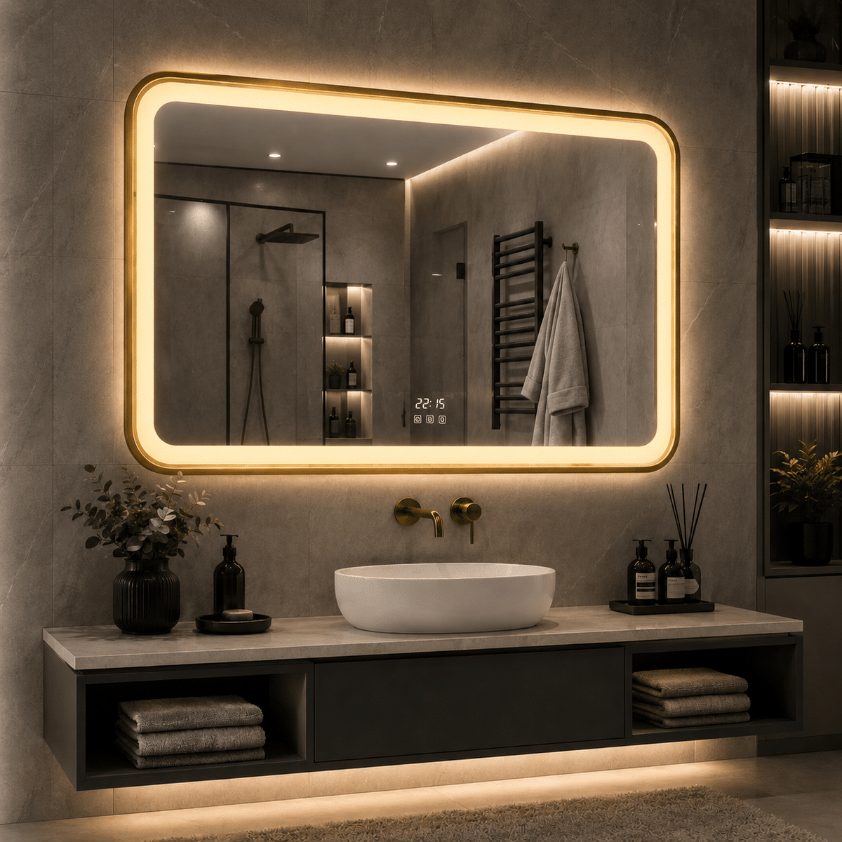 Oglinda LED 80×60 cm Dreptunghiulara, Senzor Miscare Premium, 3 Tipuri de Lumina, Dimabila, Ceas & Temperatura, Dezaburire, cu Rama Aurie