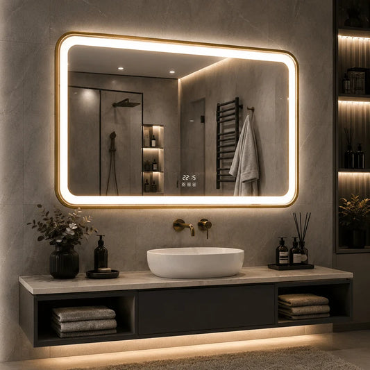 Oglinda LED 80×60 cm Dreptunghiulara, Senzor Miscare Premium, 3 Tipuri de Lumina, Dimabila, Ceas & Temperatura, Dezaburire, cu Rama Aurie
