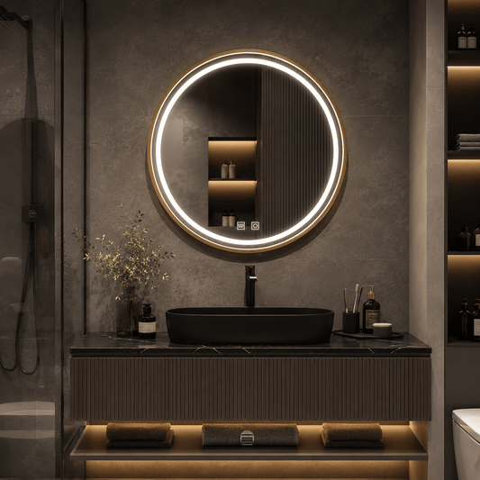 Oglindă LED 80×80 cm cu Ramă Auriu Periat, Shark Design, Iluminare Față + Spate, Dezaburire, Touch, 3 Tipuri de Lumină, IP65