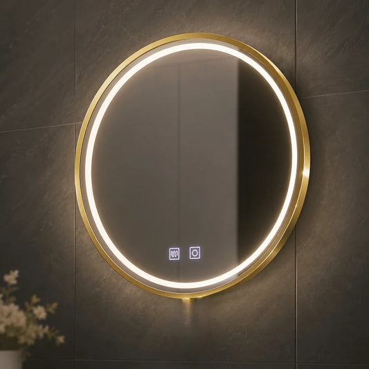 Oglindă LED 80×80 cm cu Ramă Auriu Periat, Shark Design, Iluminare Față + Spate, Dezaburire, Touch, 3 Tipuri de Lumină, IP65