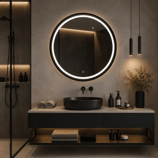 Oglindă LED 80×80 cm cu Ramă Neagră, Shark Design, Iluminare Față + Spate, Dezaburire, Touch, 3 Tipuri de Lumină, IP65
