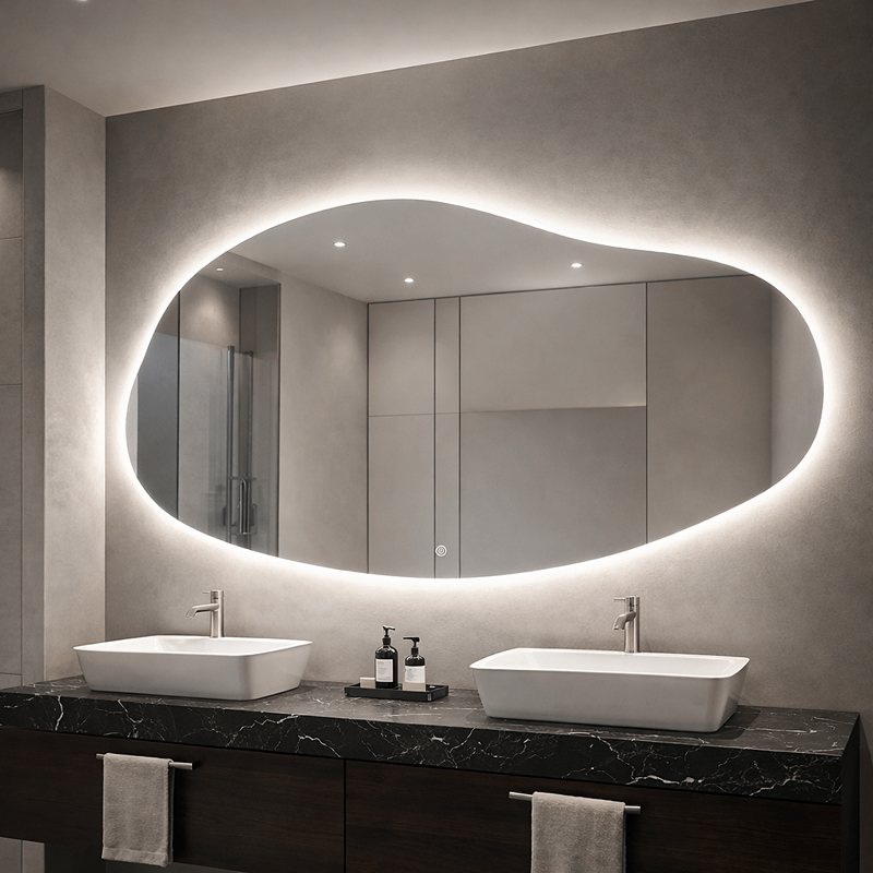 Oglinda LED Asimetrica Premium 140×90 cm, Touch, 3 Tipuri Lumina – Calda, Rece, Naturala