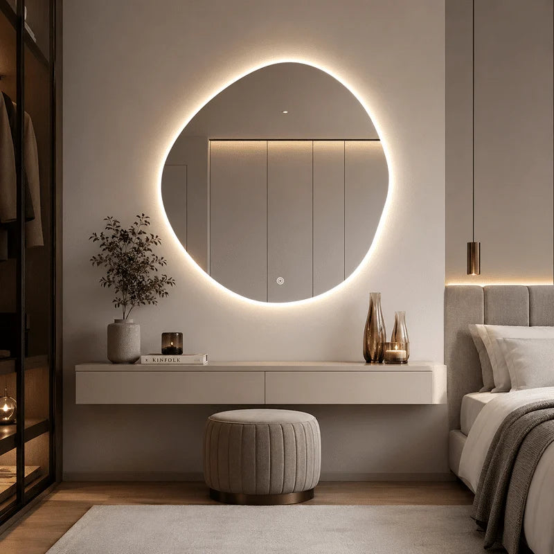 Oglinda LED Asimetrica Premium 80×80 cm, Lumina Spate, 3 Tipuri de Lumina – Calda, Rece, Neutra