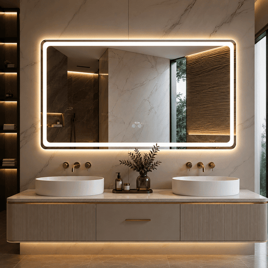 Oglindă LED Dreptunghiulară 150×80 cm, Iluminare Față + Spate, Dezaburire, 3 Tipuri de Lumină, Touch, Model Peru