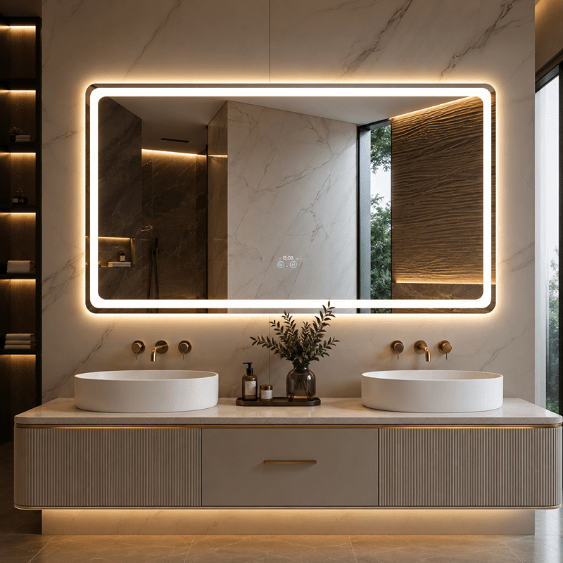 Oglinda LED Dreptunghiulara 150×80 cm, Iluminare Fata + Spate, Dezaburire, 3 Tipuri de Lumina, Touch, Model Peru