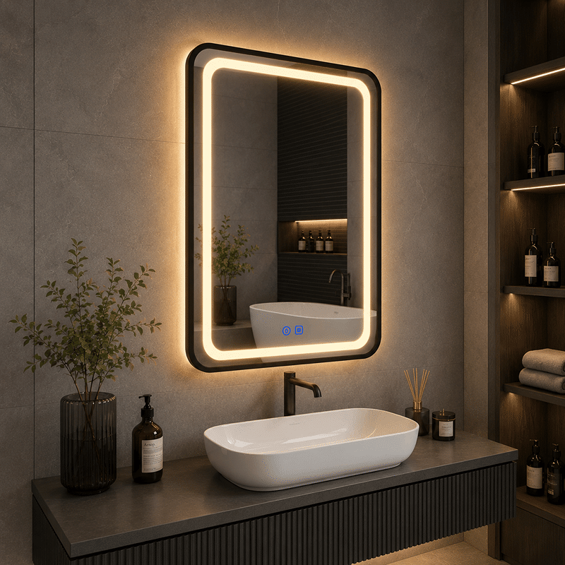 Oglinda LED Dreptunghiulara 50×70 cm, cu Rama Neagra , Dezaburire, 3 Tipuri de Lumina, Touch, Model Shark Design