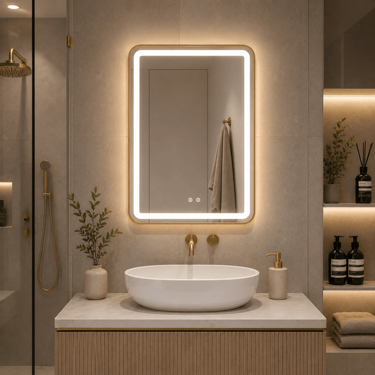 Oglindă LED Dreptunghiulară 60×80 cm cu Ramă Auriu Periat, Model Shark Design, Dezaburire, 3 Tipuri de Lumină, Touch, IP65