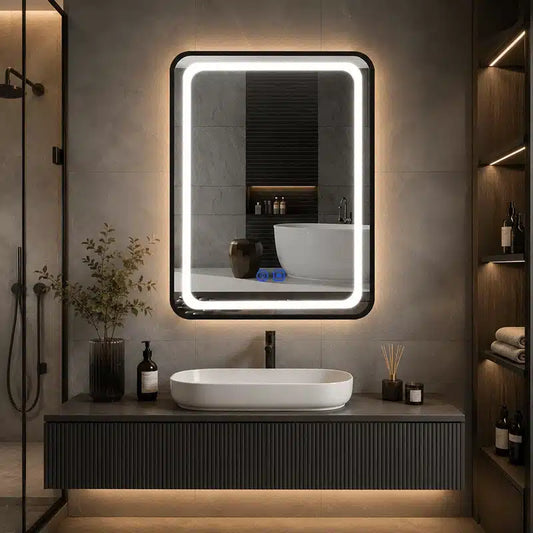 Oglindă LED Dreptunghiulară 60×80 cm, cu Ramă Neagră , Dezaburire, 3 Tipuri de Lumină, Touch, Model Shark Black
