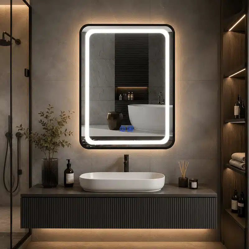 Oglinda LED Dreptunghiulara 60×80 cm, cu Rama Neagra , Dezaburire, 3 Tipuri de Lumina, Touch, Model Shark Black