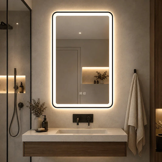 Oglindă LED Dreptunghiulară 60×90 cm, cu Ramă Neagră , Dezaburire, 3 Tipuri de Lumină, Touch, Model Shark Black