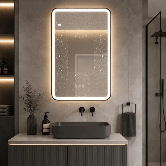 Oglindă LED Dreptunghiulară 60×90 cm, cu Ramă Neagră , Dezaburire, 3 Tipuri de Lumină, Touch, Model Shark Black