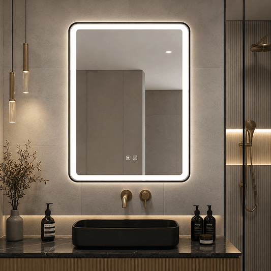 Oglindă LED Dreptunghiulară 70×90 cm, cu Ramă Neagră , Dezaburire, 3 Tipuri de Lumină, Touch, Model Sharky