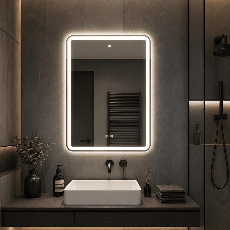Oglinda LED Dreptunghiulara 75×90 cm, Iluminare Fata + Spate, Dezaburire, 3 Tipuri de Lumina, Touch, Model Dan