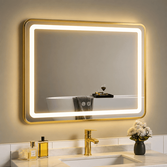 Oglindă LED Dreptunghiulară 80×60 cm cu Ramă Auriu Periat, Model Shark Design, Dezaburire, 3 Tipuri de Lumină, Touch, IP65