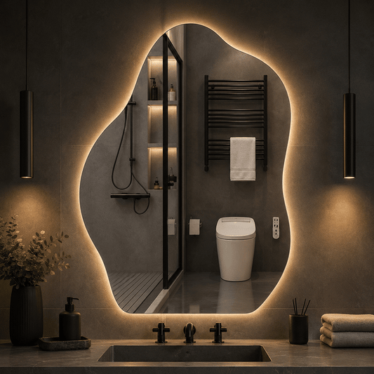 Oglindă LED Model Asimetric 70×90 cm, Iluminare Spate, Dezaburire, 3 Tipuri de Lumină, Touch, Model Shadow