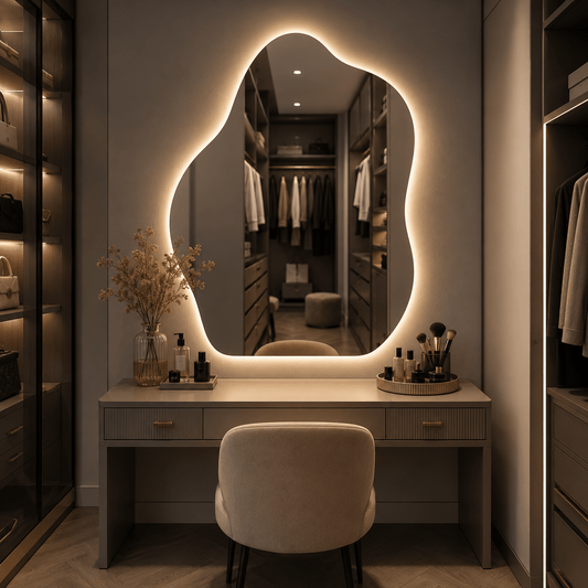 Oglindă LED Model Asimetric 70×90 cm, Iluminare Spate, Dezaburire, 3 Tipuri de Lumină, Touch, Model Shadow